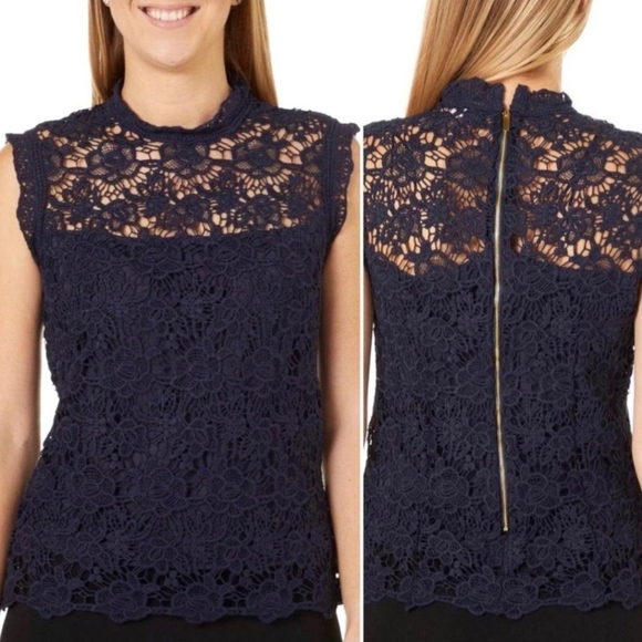 Nanette Women's Size M Crochet Navy Lace High Neck Sleeveless Top